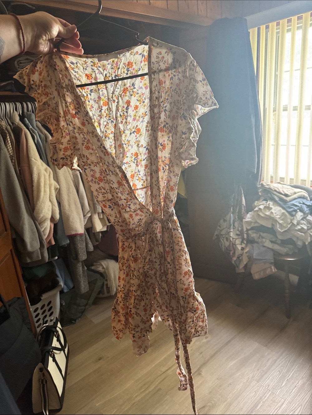 Floral Tie-Waist Ruffle Wrap Dress - Cream with Multicolor Florals